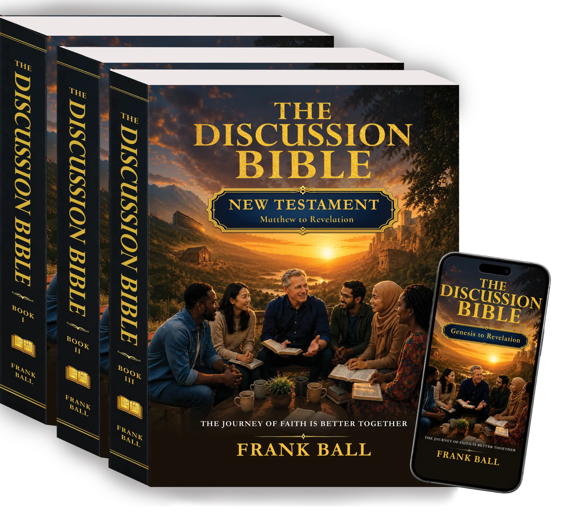 The Discussion Bible three-volume set with the ebook displayed on a phone