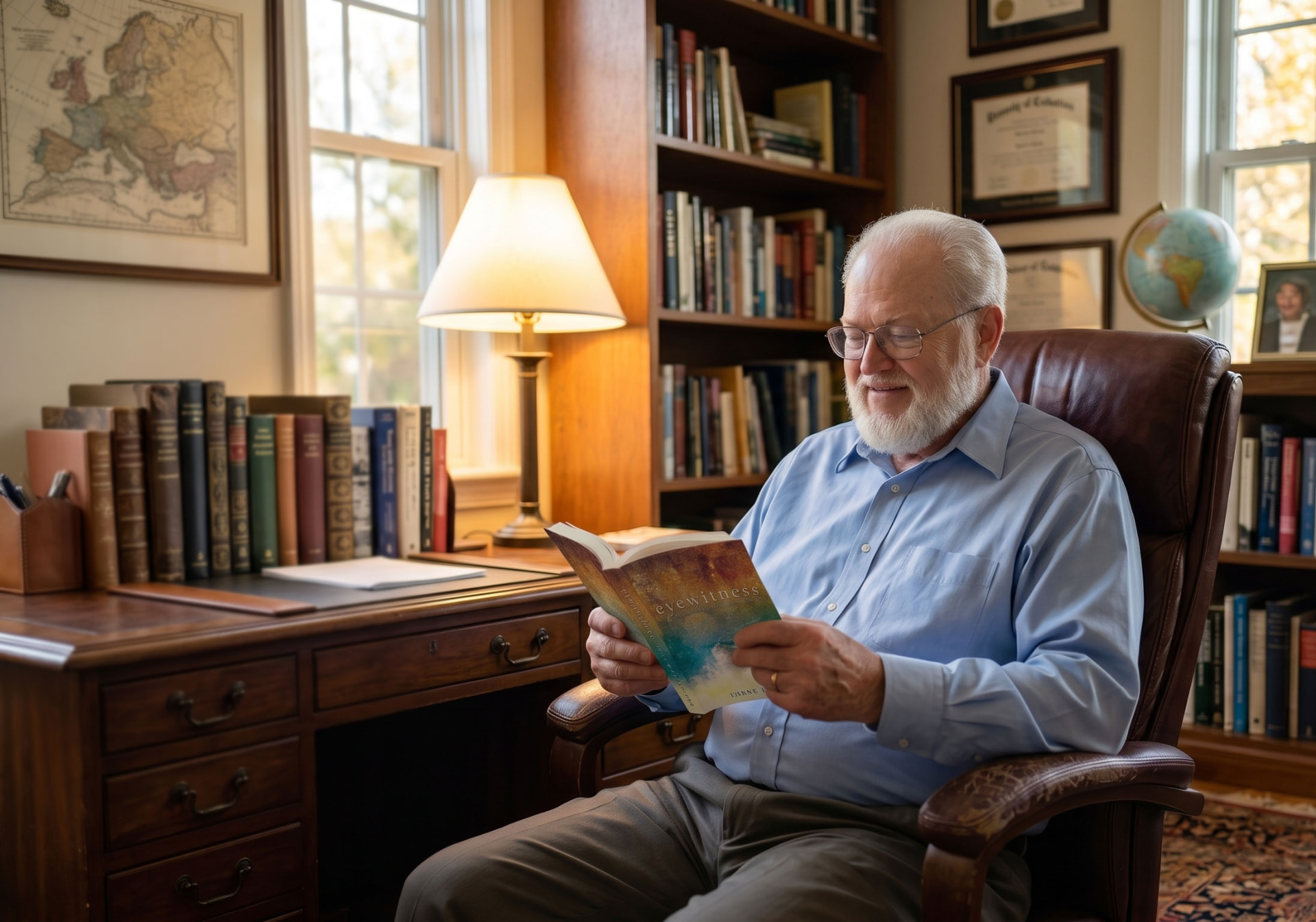 Frank Ball reading in his study