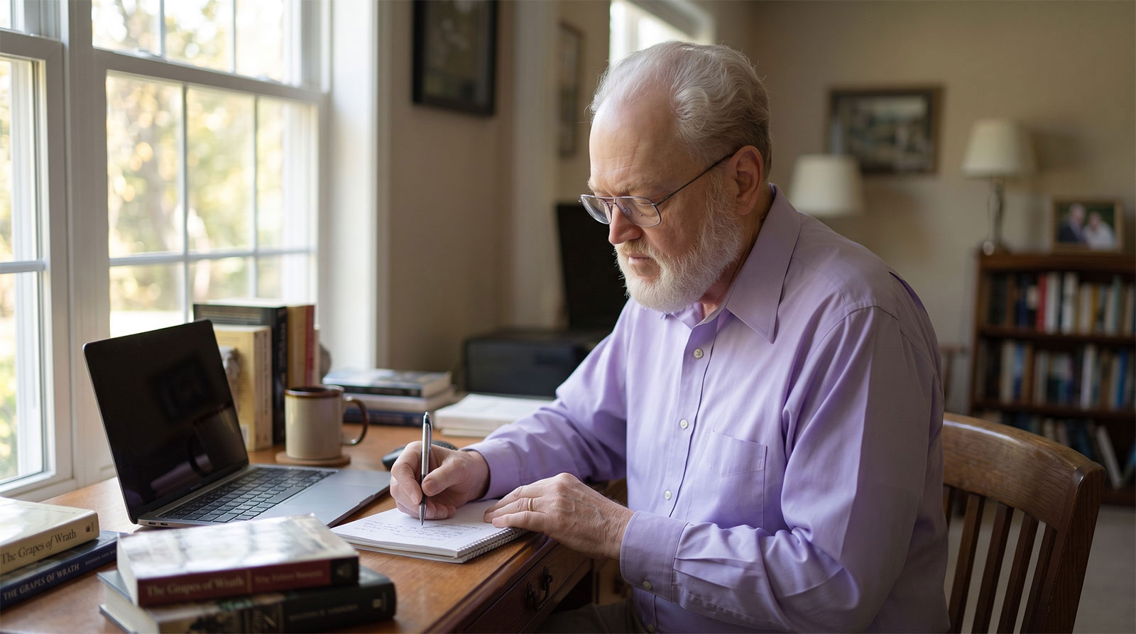 Frank Ball writing at his desk